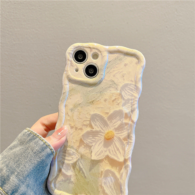 Oil Painting Flowers Shell for iPhone 13 Blu-ray IMD TPU Case Wavy Edge Phone Cover with Pearl Chain Oil Painting Flowers Shell for iPhone 13 Blu-ray IMD TPU Case Wavy Edge Phone Cover with Pearl Chain